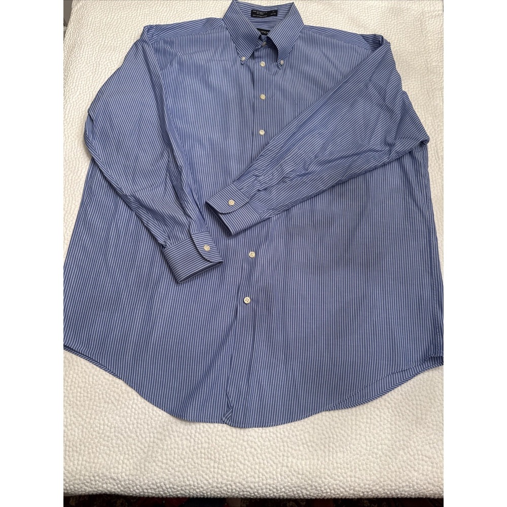 Nautica Blue Striped 100% Cotton Men's Dress Shirt 17 32/33 Long Sleeve